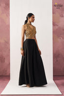 Alizeh 5016 Starlet Gold Jacquard Waistcoat & Black Crepe Skirt Co ord Set
