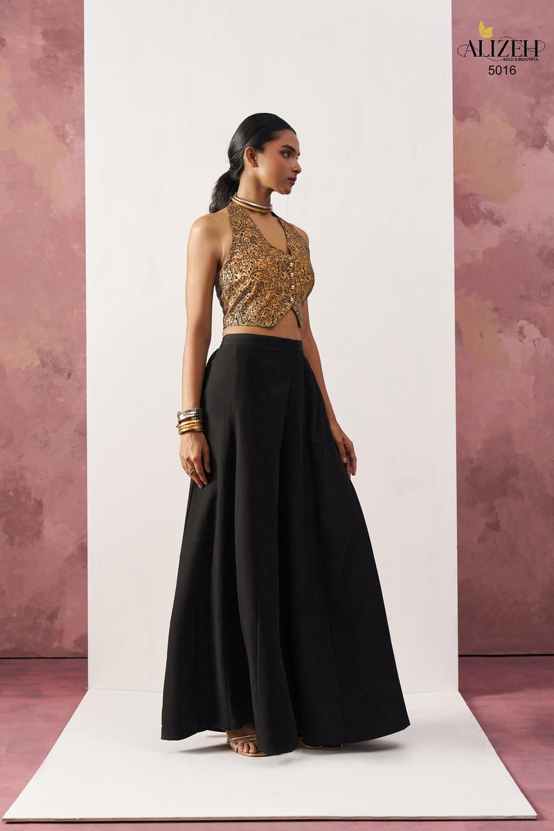 Alizeh 5016 Starlet Gold Jacquard Waistcoat & Black Crepe Skirt Co ord Set