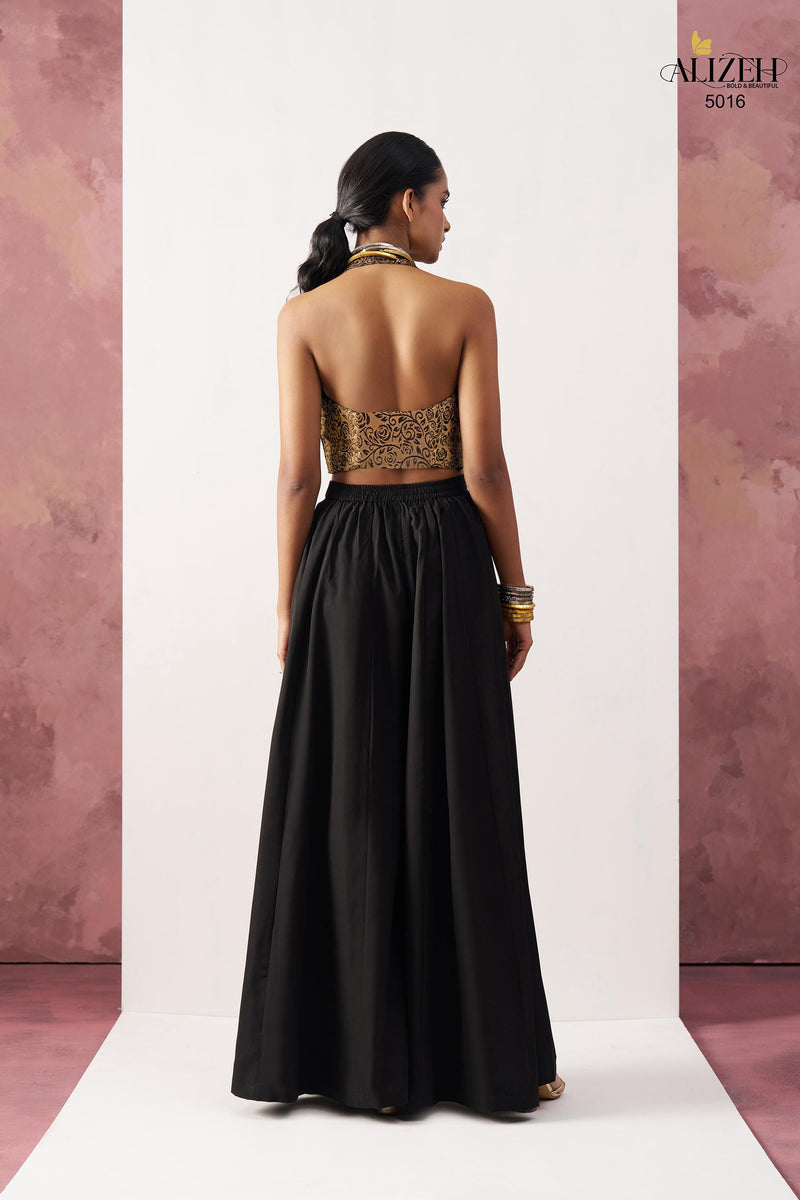 Alizeh 5016 Starlet Gold Jacquard Waistcoat & Black Crepe Skirt Co ord Set