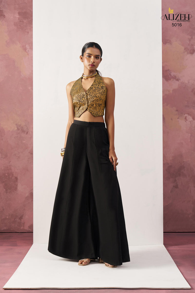 Alizeh 5016 Starlet Gold Jacquard Waistcoat & Black Crepe Skirt Co ord Set