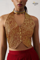 Alizeh 5017 Starlet Red Jacquard Waistcoat & Wine Crepe Skirt Co ord Set