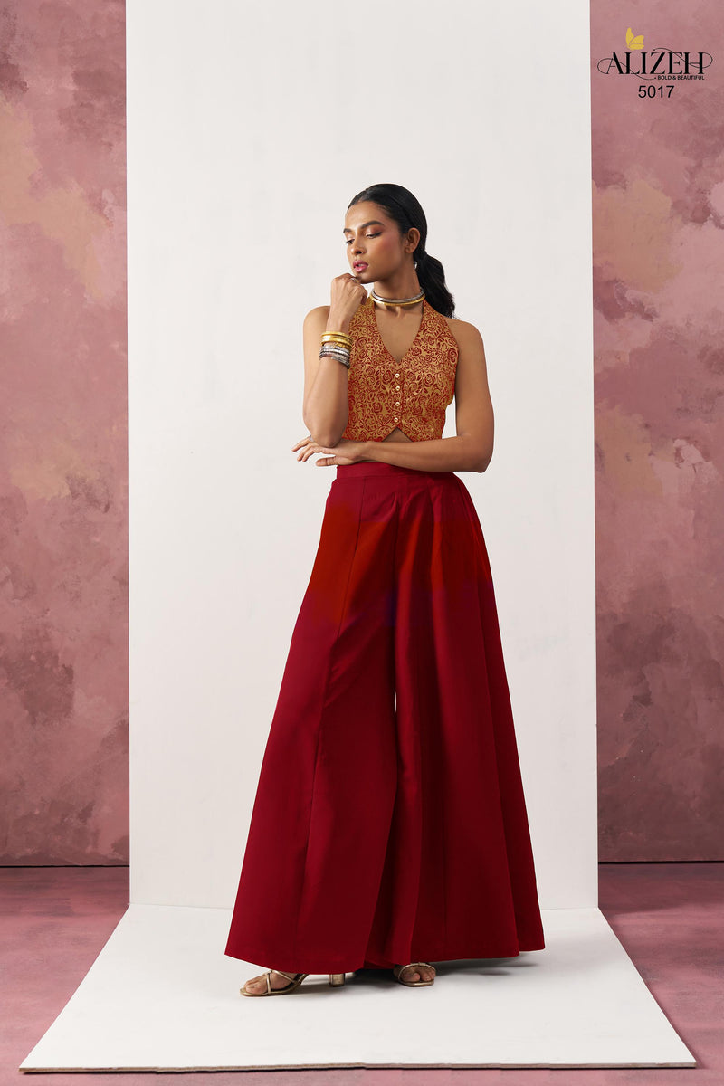 Alizeh 5017 Starlet Red Jacquard Waistcoat & Wine Crepe Skirt Co ord Set