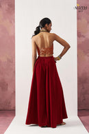 Alizeh 5017 Starlet Red Jacquard Waistcoat & Wine Crepe Skirt Co ord Set