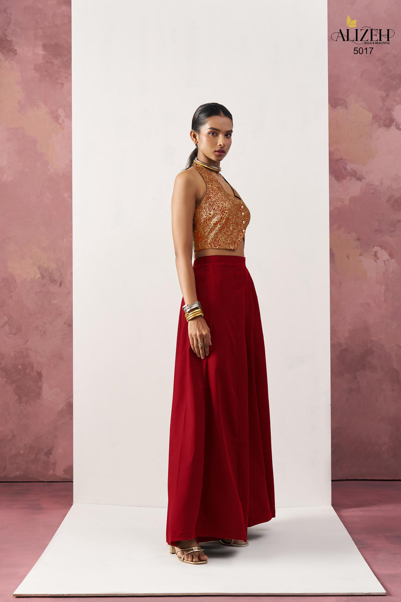 Alizeh 5017 Starlet Red Jacquard Waistcoat & Wine Crepe Skirt Co ord Set