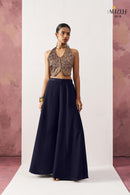 Alizeh 5018 Starlet Gold Jacquard Waistcoat & Navy Blue Crepe Skirt Co ord Set