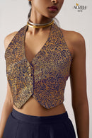 Alizeh 5018 Starlet Gold Jacquard Waistcoat & Navy Blue Crepe Skirt Co ord Set