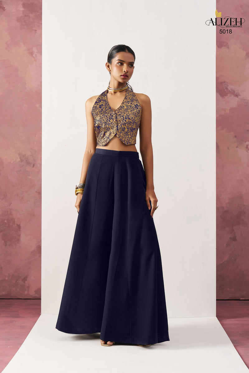Alizeh 5018 Starlet Gold Jacquard Waistcoat & Navy Blue Crepe Skirt Co ord Set