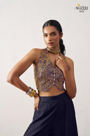 Alizeh 5018 Starlet Gold Jacquard Waistcoat & Navy Blue Crepe Skirt Co ord Set