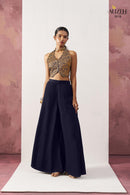 Alizeh 5018 Starlet Gold Jacquard Waistcoat & Navy Blue Crepe Skirt Co ord Set