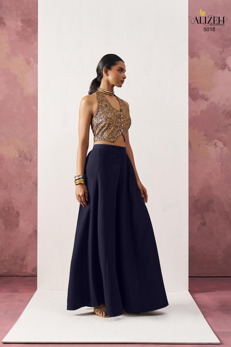Alizeh 5018 Starlet Gold Jacquard Waistcoat & Navy Blue Crepe Skirt Co ord Set