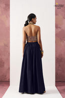 Alizeh 5018 Starlet Gold Jacquard Waistcoat & Navy Blue Crepe Skirt Co ord Set