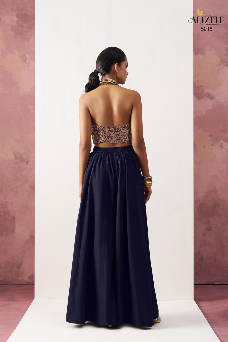 Alizeh 5018 Starlet Gold Jacquard Waistcoat & Navy Blue Crepe Skirt Co ord Set