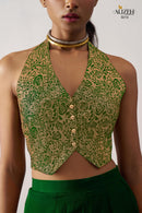 Alizeh 5019 Starlet Gold Jacquard Waistcoat & Emerald Green Crepe Skirt Co ord Set
