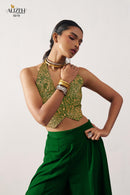 Alizeh 5019 Starlet Gold Jacquard Waistcoat & Emerald Green Crepe Skirt Co ord Set