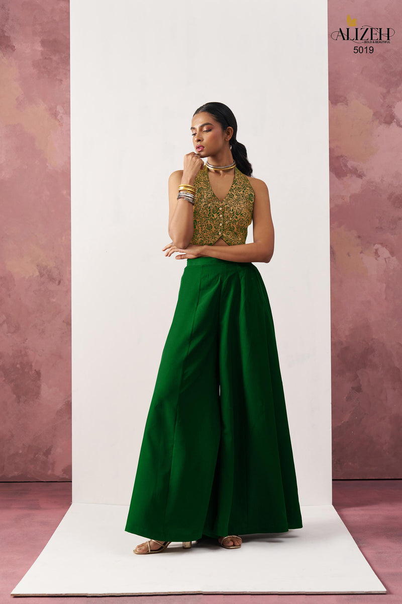 Alizeh 5019 Starlet Gold Jacquard Waistcoat & Emerald Green Crepe Skirt Co ord Set