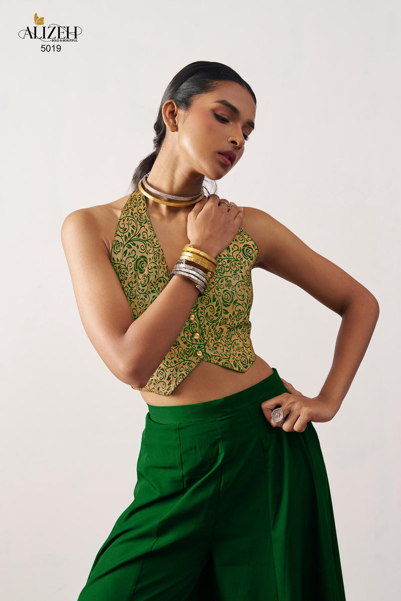 Alizeh 5019 Starlet Gold Jacquard Waistcoat & Emerald Green Crepe Skirt Co ord Set