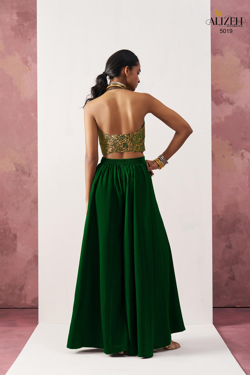 Alizeh 5019 Starlet Gold Jacquard Waistcoat & Emerald Green Crepe Skirt Co ord Set