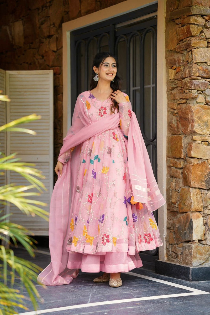 SSC 657 Charming Pink Floral Star Georgette Anarkali Sharara Suit
