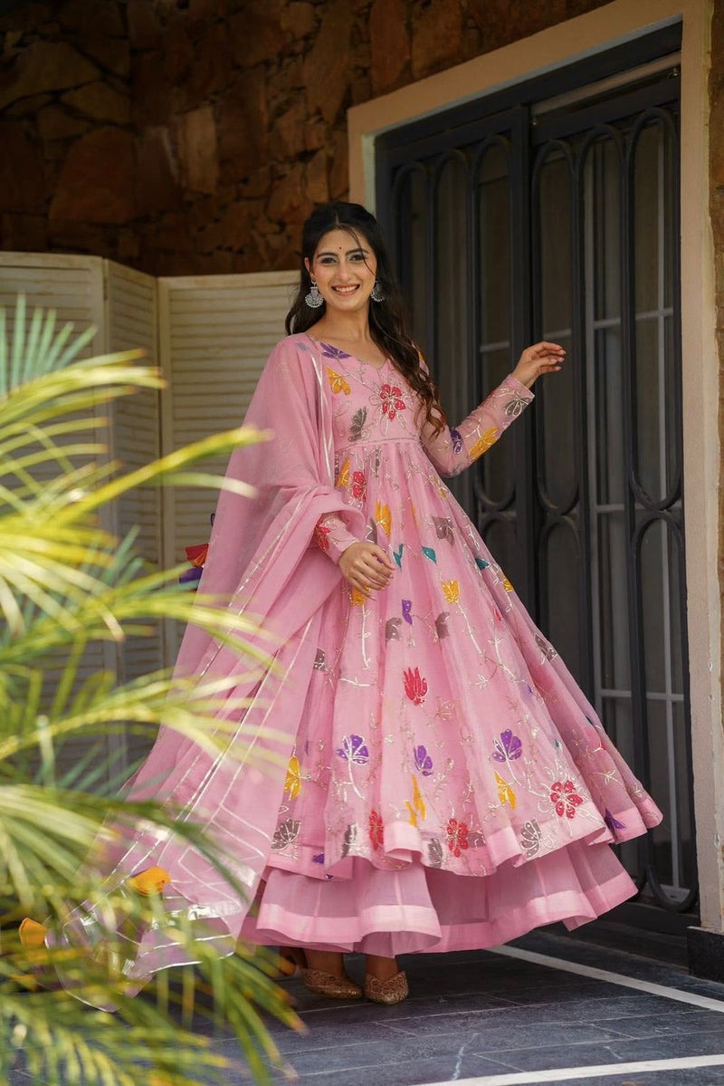 SSC 657 Charming Pink Floral Star Georgette Anarkali Sharara Suit