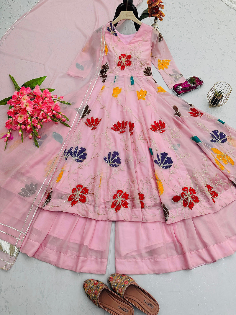 SSC 657 Charming Pink Floral Star Georgette Anarkali Sharara Suit