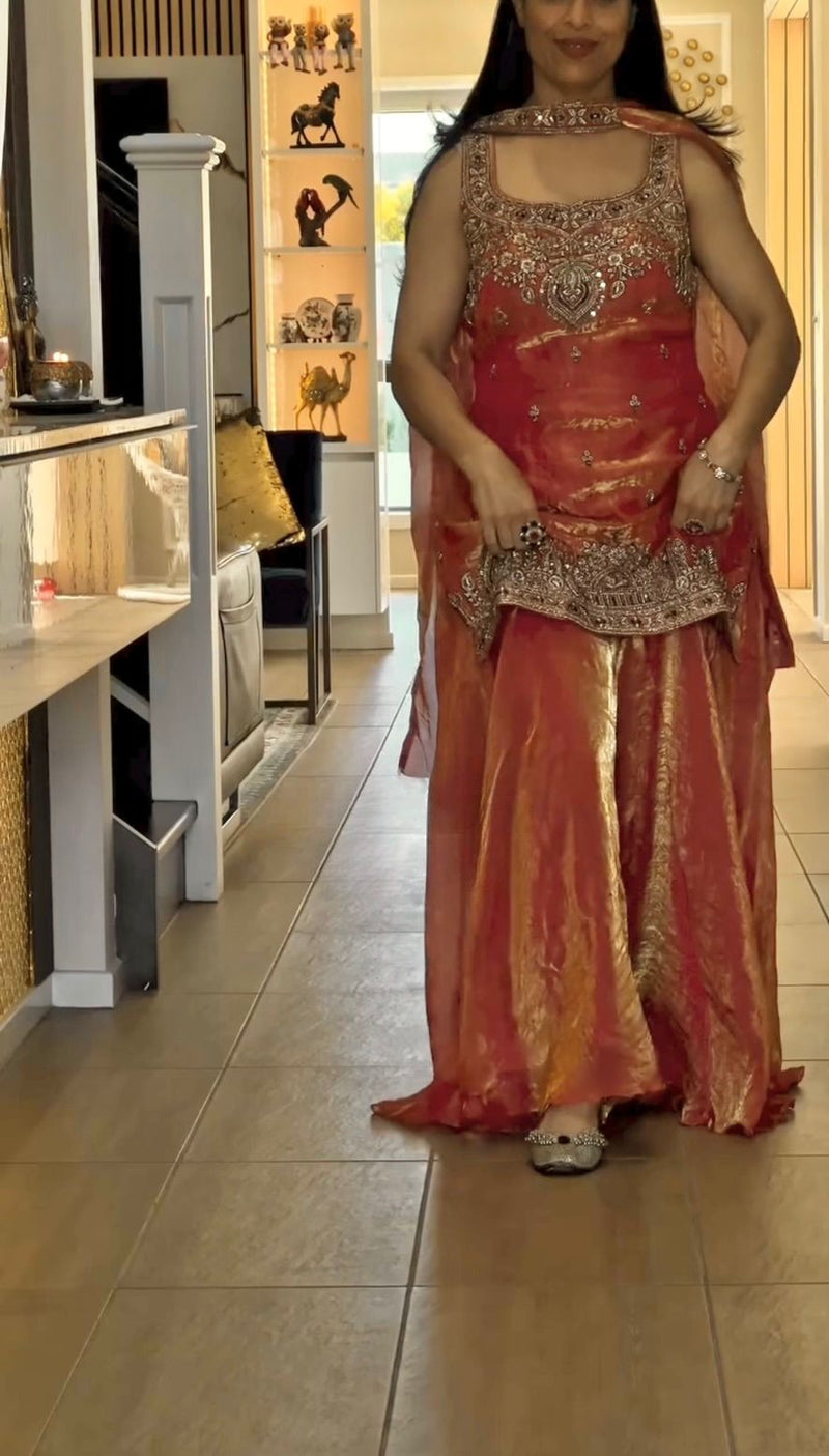 HK 1734 Designer Orange Silk Plazzo Dress with Detailed Zari Work Traditional Suits