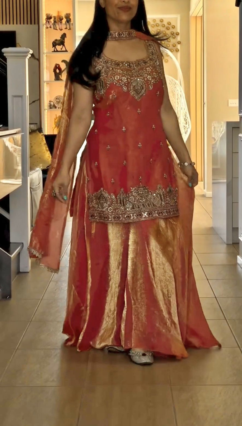 HK 1734 Designer Orange Silk Plazzo Dress with Detailed Zari Work Traditional Suits