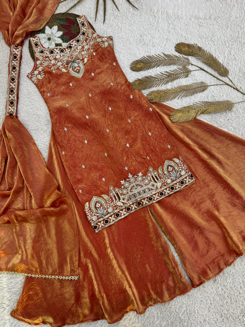 HK 1734 Designer Orange Silk Plazzo Dress with Detailed Zari Work Traditional Suits