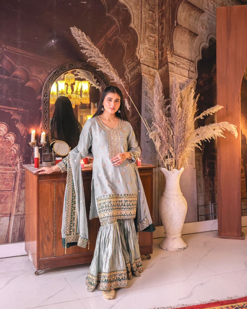 JD 602 Serene Grey Faux Georgette & Banglori Sharara Suit Traditional Wear