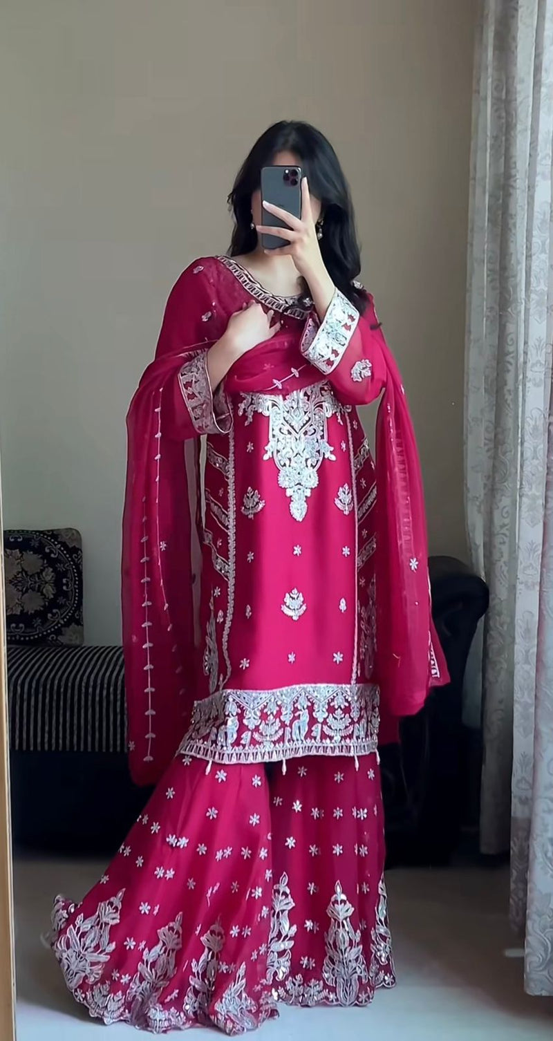 JL 1051 Festive Magenta Sequence Work Sharara Set