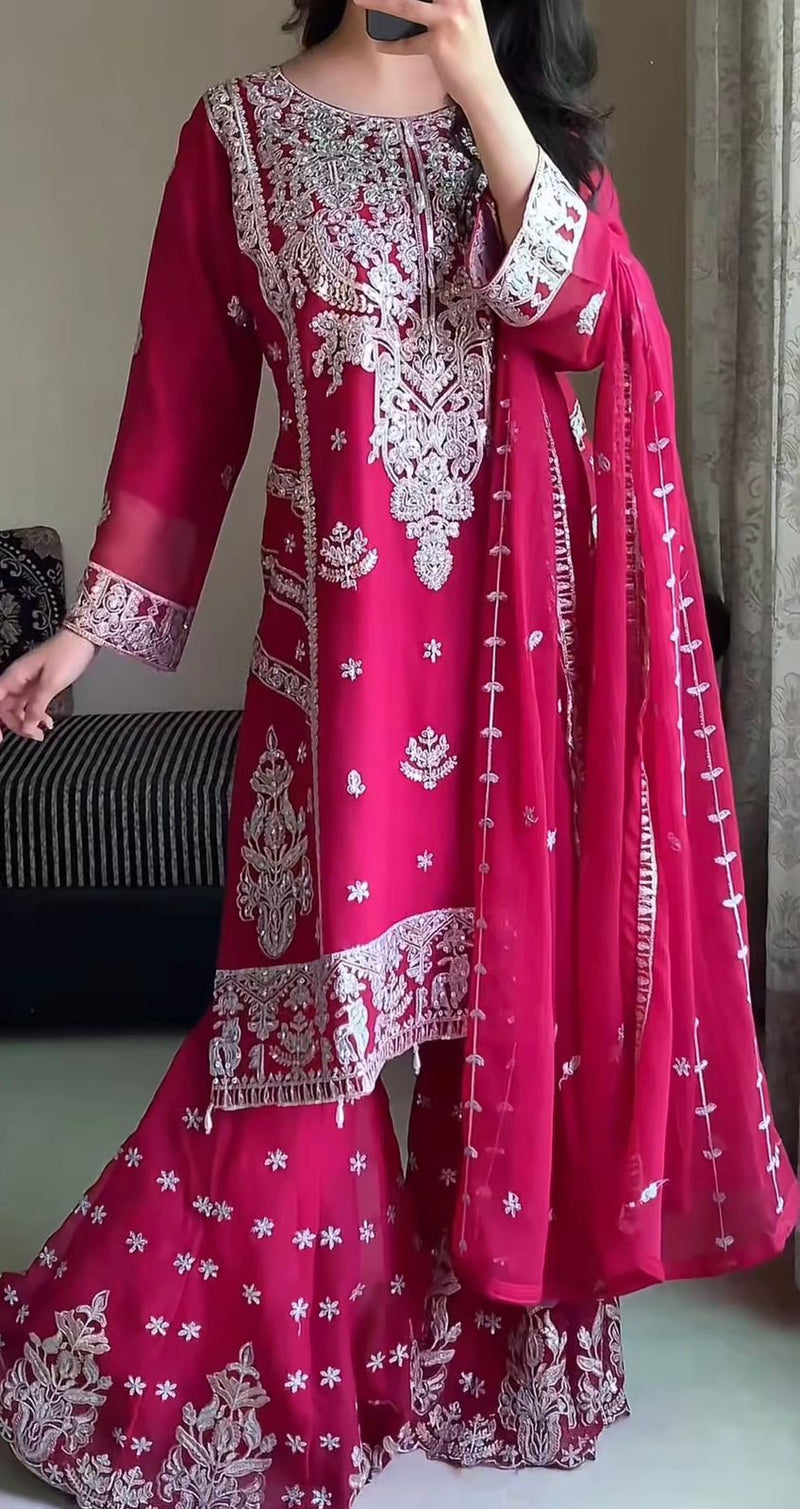 JL 1051 Festive Magenta Sequence Work Sharara Set