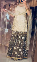 MT 4011 Elegant Cream Chinnon Silk Sharara with Floral Embroidery Work Traditional Suits