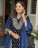 AC 1409 Regal Navy Blue Velvet Embroidered With Georgette Dupatta Traditional Suits