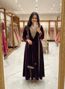ST 1150 Velvet Embroidered Kurti Set With Scalloped Tissue Dupatta