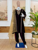 ST 1150 Velvet Embroidered Kurti Set With Scalloped Tissue Dupatta
