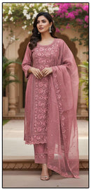 Hoor Tex HF 480 A Dusty Rose Organza Embroidered Salwar Kameez Set