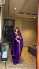 BE 416 Luxury Royal Purple Velvet With Cording Sequence Embroidery Work Traditional Suits