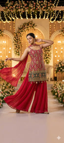 Traditional Red Heavy Work Sharara Suit