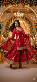 Royal Red Zari Embroidered Work Sharara Suit