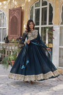 KA 1153 B Teal Blue Faux Blooming Georgette Gown