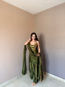 KR 111 Designer Olive Green Chinon Silk Kurti Pant