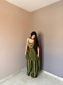 KR 111 Designer Olive Green Chinon Silk Kurti Pant