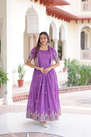 LW 9303 Purple Vichitra Silk Party Wear Anarkali Gown Set with Koti