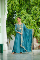 LW 9299 Vichitra Silk with Rich Sequins Elegant Teal Embroidered Anarkali Gown