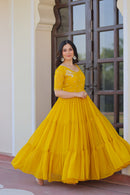 KA 1173 Mustard Yellow Floral Embroidered Gown