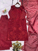 LG 2095 Wine Maroon Embroidered Silk Pakistani Suit