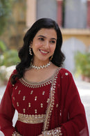 KA 1144 B Ruby Red Georgette Anarkali Gown
