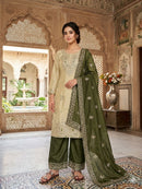 JF 039 Beige and Olive Green Silk Embroidered Worked Pakistani Suits