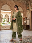 JF 039 Beige and Olive Green Silk Embroidered Worked Pakistani Suits