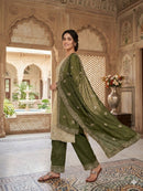 JF 039 Beige and Olive Green Silk Embroidered Worked Pakistani Suits