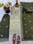 JF 039 Beige and Olive Green Silk Embroidered Worked Pakistani Suits
